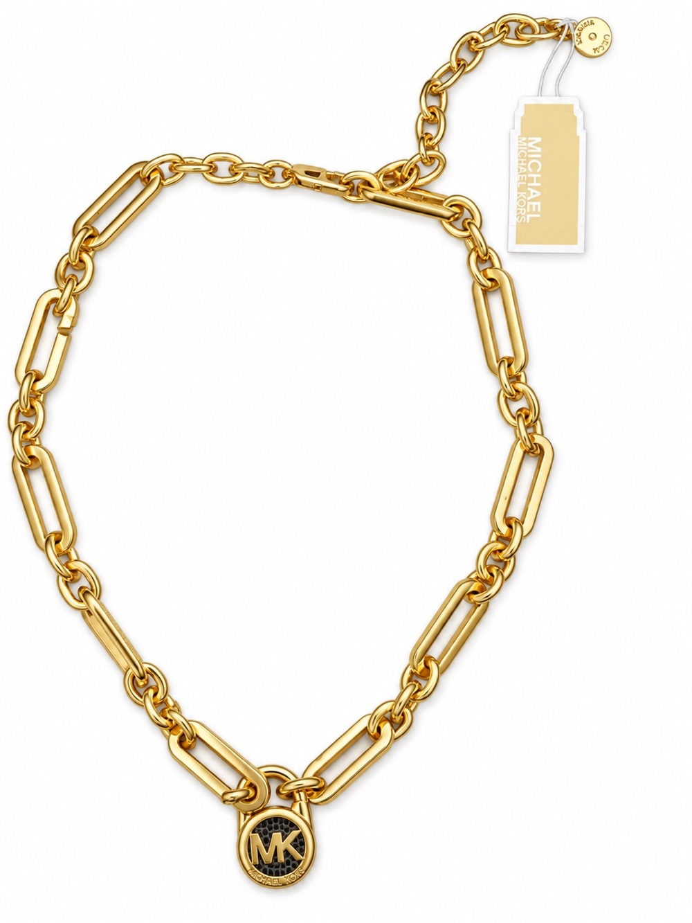 NWT Michael Kors Gold Tone Chain Lock Pendant Necklace Crystal Logo